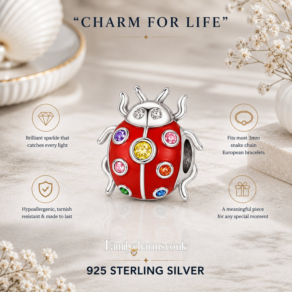 Lucky Ladybug Sterling Silver Charm Hallmarked S925 for Charm Bracelet and Necklace