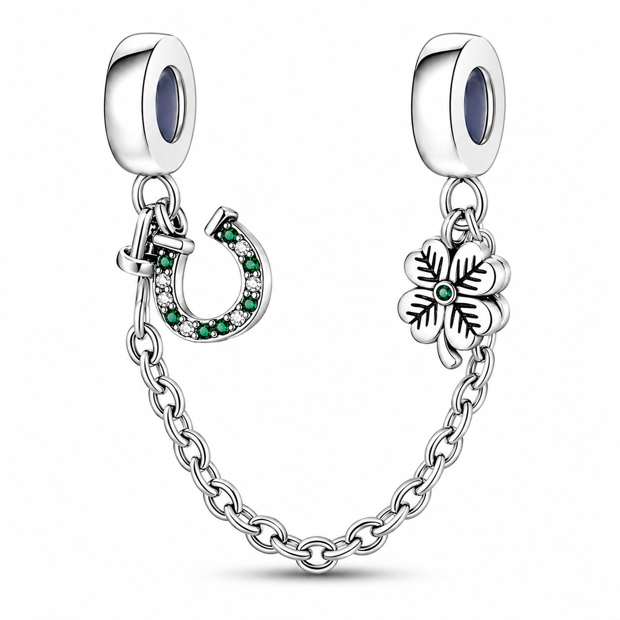 Lucky Shoe Clover Safety Chain Sterling Silver Charm Hallmarked S925 for Charm Bracelet and Necklace