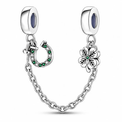 Lucky Shoe Clover Safety Chain Sterling Silver Charm Hallmarked S925 for Charm Bracelet and Necklace