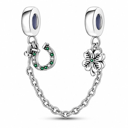 Lucky Shoe Clover Safety Chain Sterling Silver Charm Hallmarked S925 for Charm Bracelet and Necklace