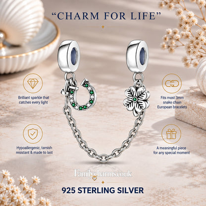 Lucky Shoe Clover Safety Chain Sterling Silver Charm Hallmarked S925 for Charm Bracelet and Necklace