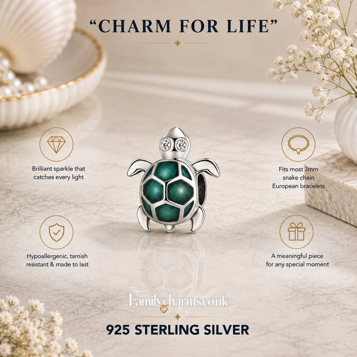 Luminous Cute Turtle Bead Sterling Silver Charm Hallmarked S925 for Charm Bracelet and Necklace