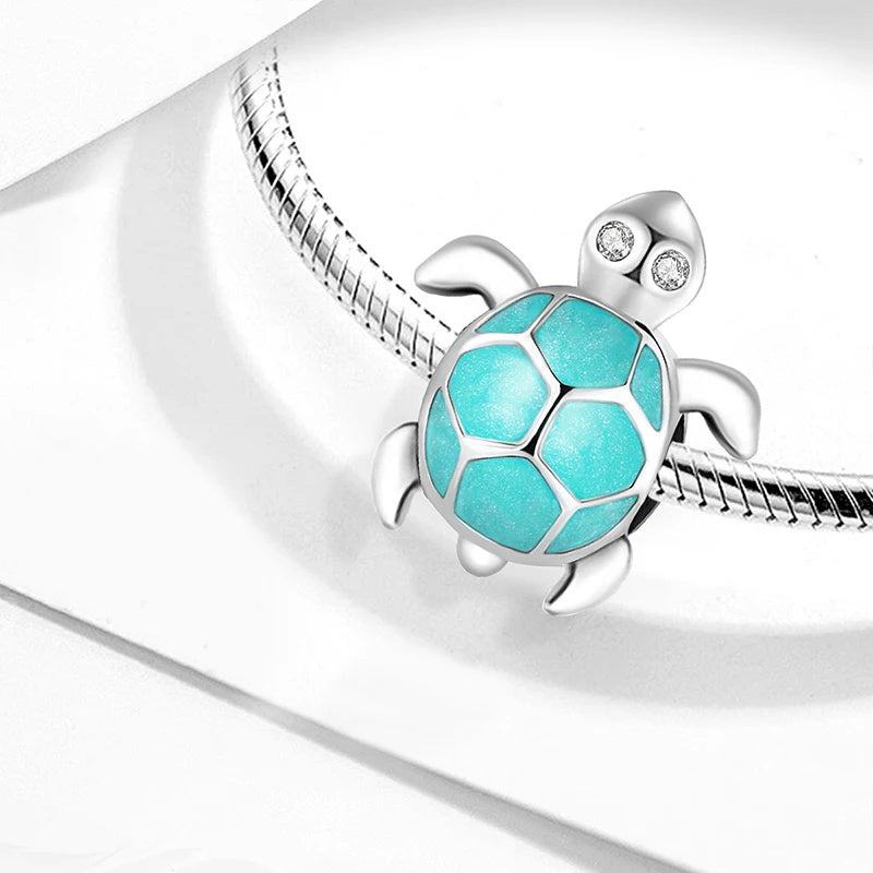 Luminous Cute Turtle Bead Sterling Silver Charm Hallmarked S925 for Charm Bracelet and Necklace