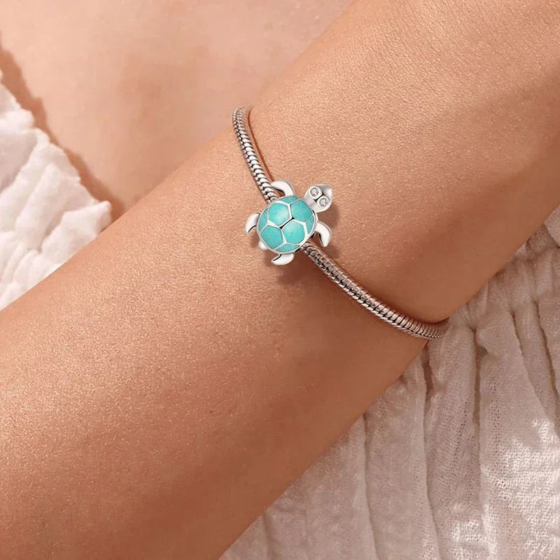 Luminous Cute Turtle Bead Sterling Silver Charm Hallmarked S925 for Charm Bracelet and Necklace