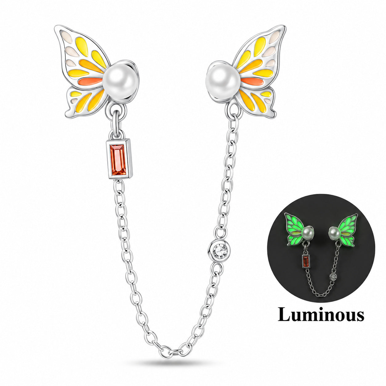 Luminous Butterfly Safety Chain Charm for Bracelet, S925 Sterling Silver