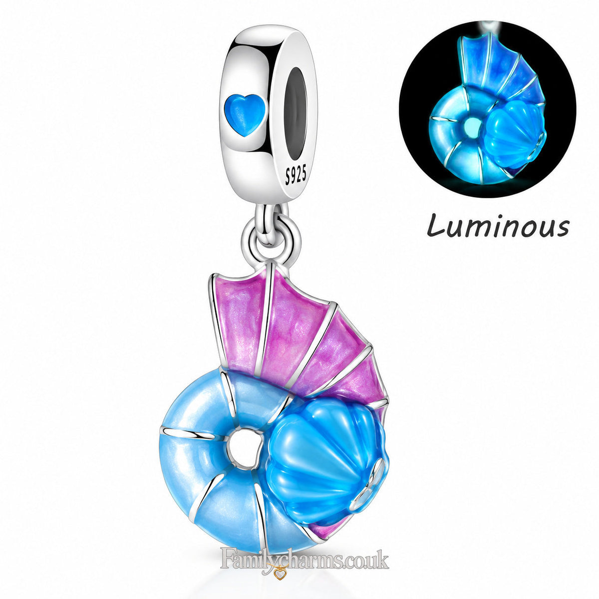 Colour Changing Luminous Snail Sterling Silver Charm Hallmarked S925 for Charm Bracelet and Necklace