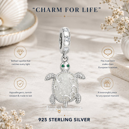 Luminous Sea Turtle Sterling Silver Charm Hallmarked S925 for Charm Bracelet and Necklace