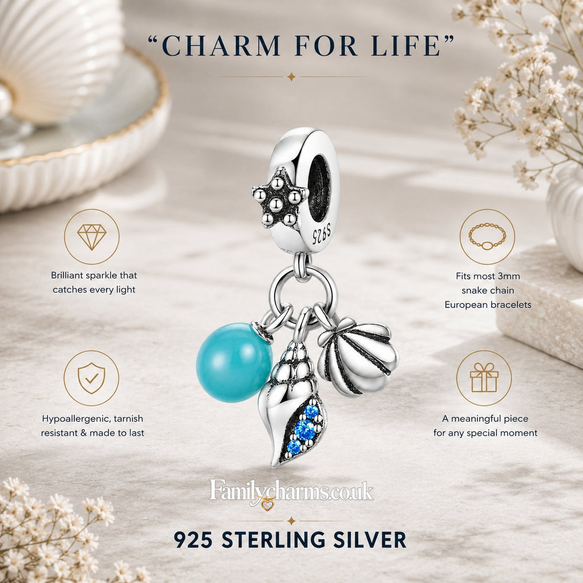 Ocean Series Starfish, Scallop, Turtle Pendant Charm Hallmarked S925 for Charm Bracelet and Necklace