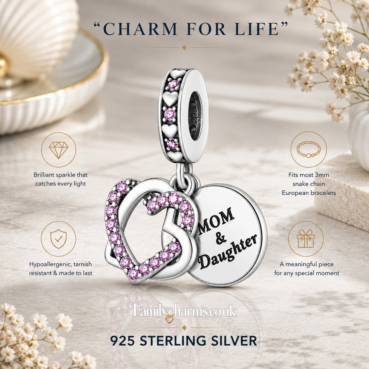 MOM and Daughter Interlocking Hearts Charm Hallmarked S925 for Charm Bracelet and Necklace