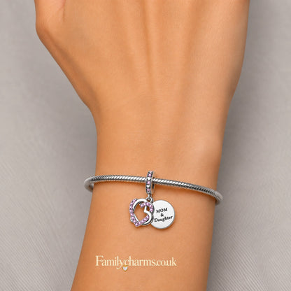 MOM and Daughter Interlocking Hearts Charm Hallmarked S925 for Charm Bracelet and Necklace