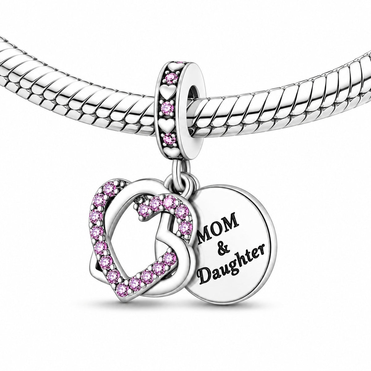 MOM and Daughter Interlocking Hearts Charm Hallmarked S925 for Charm Bracelet and Necklace