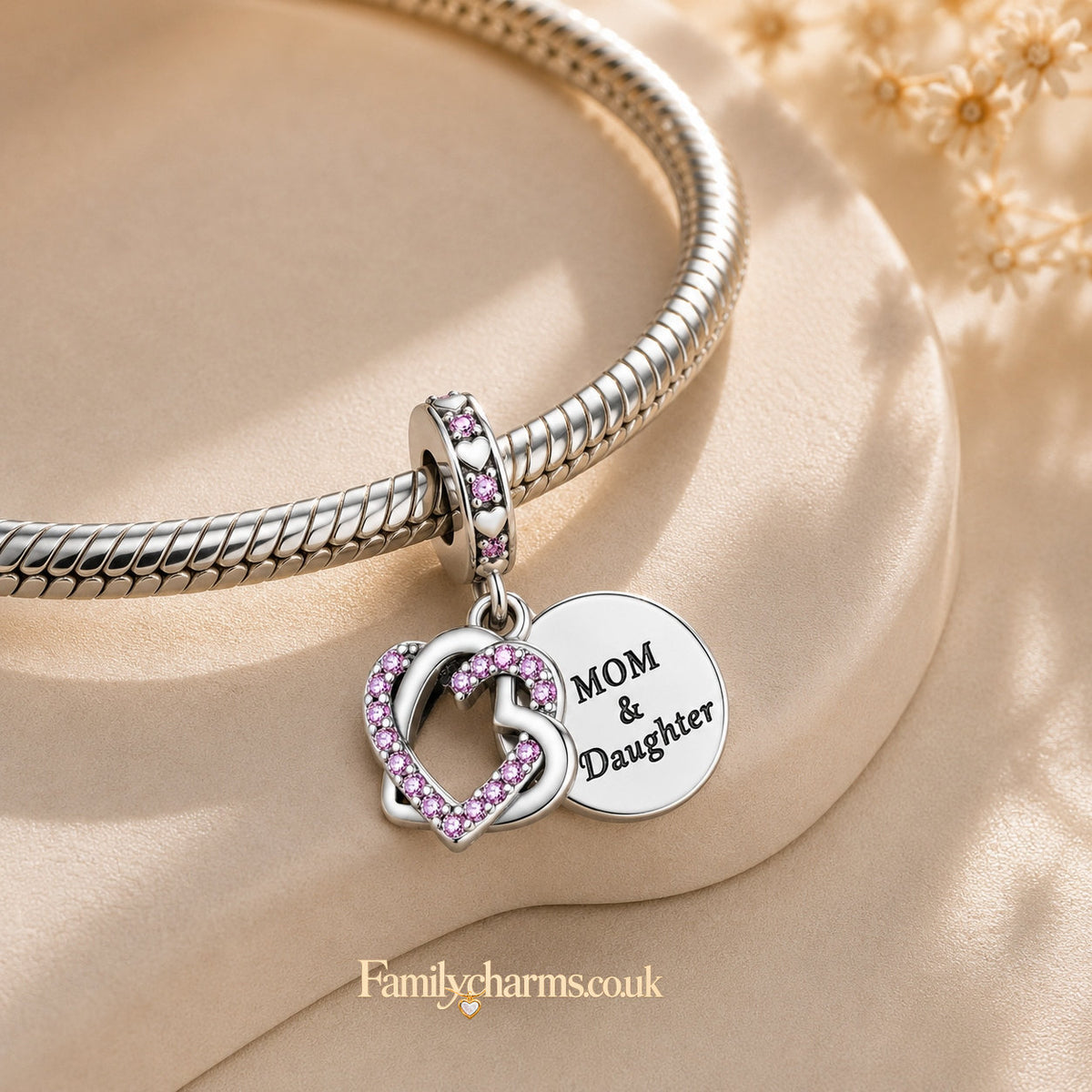 MOM and Daughter Interlocking Hearts Charm Hallmarked S925 for Charm Bracelet and Necklace