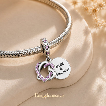 MOM and Daughter Interlocking Hearts Charm Hallmarked S925 for Charm Bracelet and Necklace
