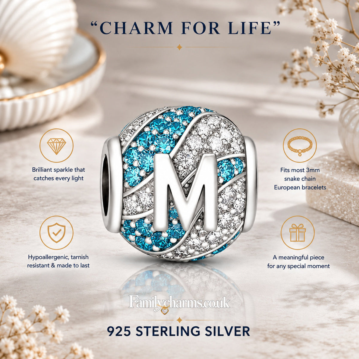 Alphabets Letter M Sterling Silver Charm Hallmarked S925 for Charm Bracelet and Necklace