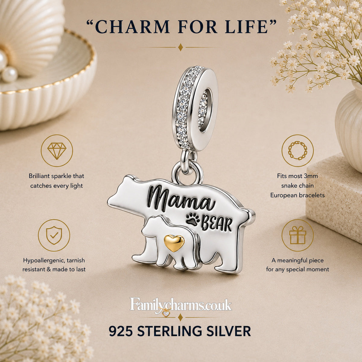 Mama Bear Sterling Silver Charm Hallmarked S925 for Charm Bracelet and Necklace