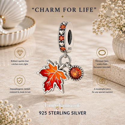 Maple Leaf Double Dangle Charm Hallmarked S925 for Charm Bracelet and Necklace