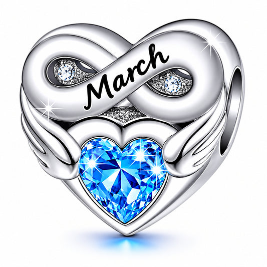 March Birthstone Months Heart Sterling Silver Charm Hallmarked S925 for Charm Bracelet and Necklace