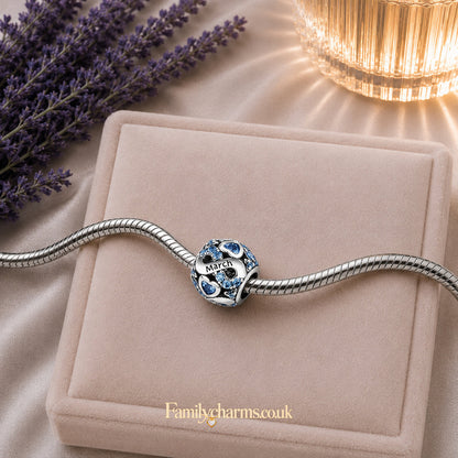 March Birthstone Infinity Birthday Bead Sterling Silver Charm Hallmarked S925 for Charm Bracelet and Necklace