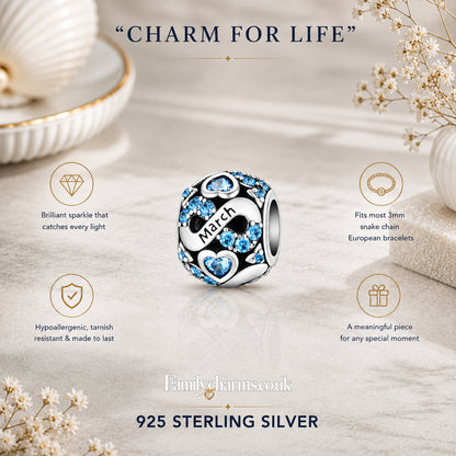 March Birthstone Infinity Birthday Bead Sterling Silver Charm Hallmarked S925 for Charm Bracelet and Necklace