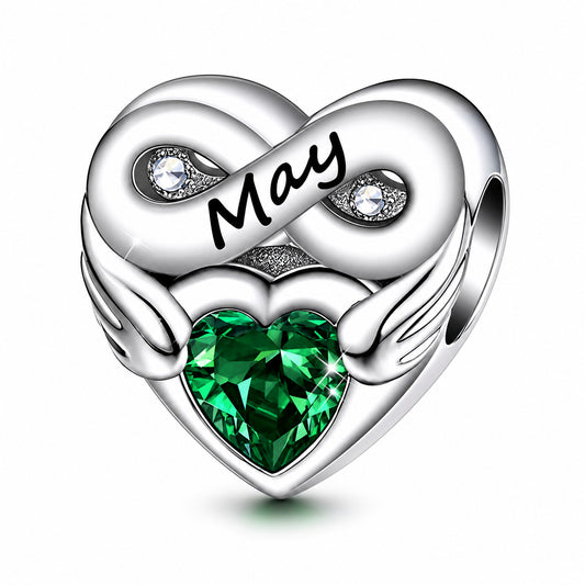 May Birthstone Months Heart Charm for Bracelet, S925 Sterling Silver