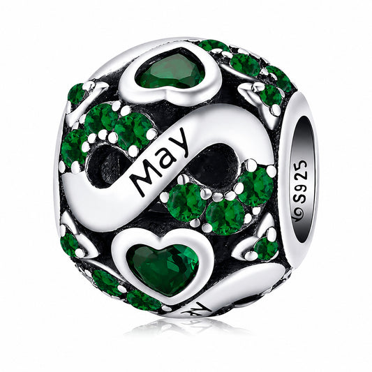 May Birthstone Infinity Birthday Bead Sterling Silver Charm Hallmarked S925 for Charm Bracelet and Necklace