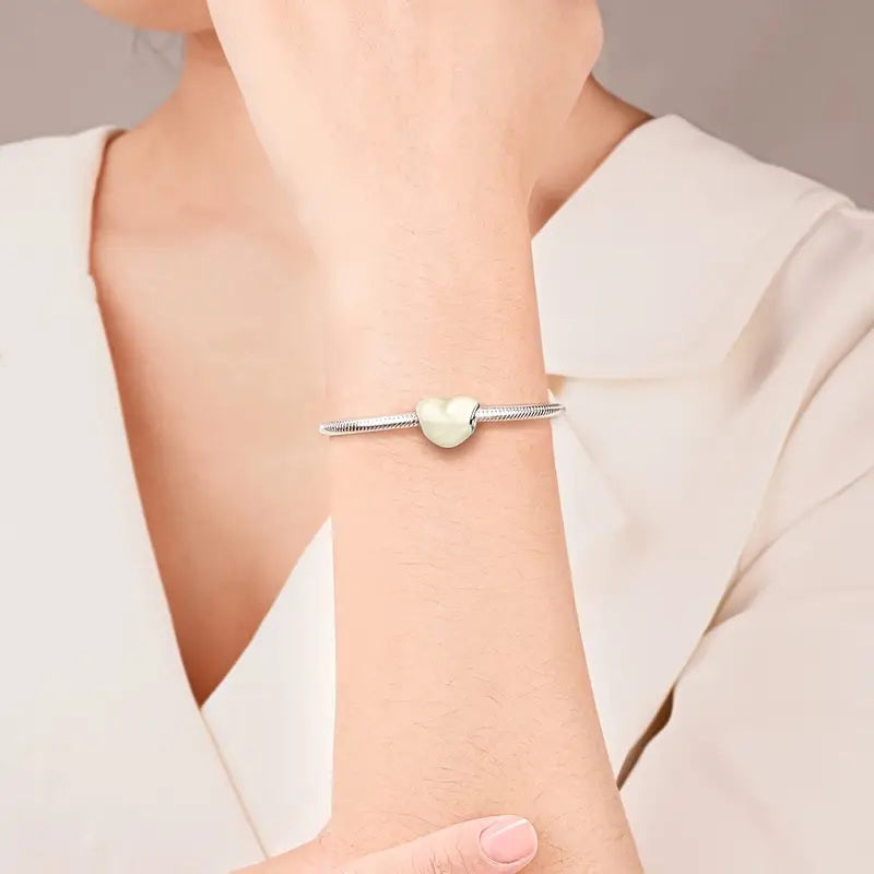 Metallic Creamy White Heart Bead Charm Sterling Silver Charm Hallmarked S925 for Charm Bracelet and Necklace