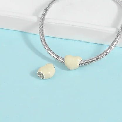 Metallic Creamy White Heart Bead Charm Sterling Silver Charm Hallmarked S925 for Charm Bracelet and Necklace