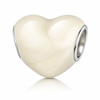 Metallic Creamy White Heart Bead Charm Sterling Silver Charm Hallmarked S925 for Charm Bracelet and Necklace