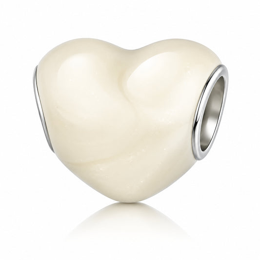 Metallic Creamy White Heart Bead Charm Sterling Silver Charm Hallmarked S925 for Charm Bracelet and Necklace
