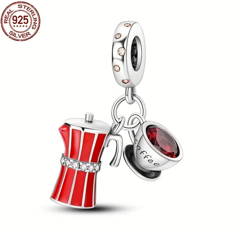 Mocha Pot With Coffee Cup Sterling Silver Dangle Charm Hallmarked S925 for Charm Bracelet and Necklace