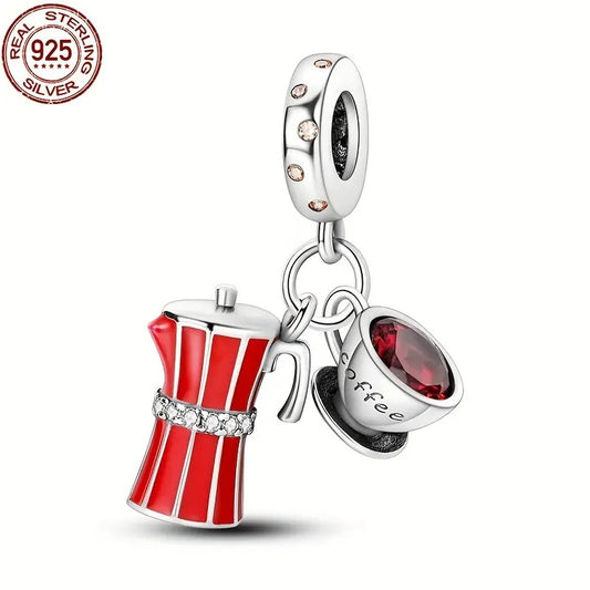 Mocha Pot With Coffee Cup Sterling Silver Dangle Charm Hallmarked S925 for Charm Bracelet and Necklace