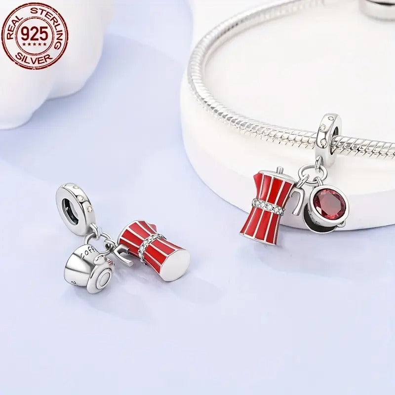 Mocha Pot With Coffee Cup Sterling Silver Dangle Charm Hallmarked S925 for Charm Bracelet and Necklace