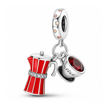 Mocha Pot With Coffee Cup Sterling Silver Dangle Charm Hallmarked S925 for Charm Bracelet and Necklace