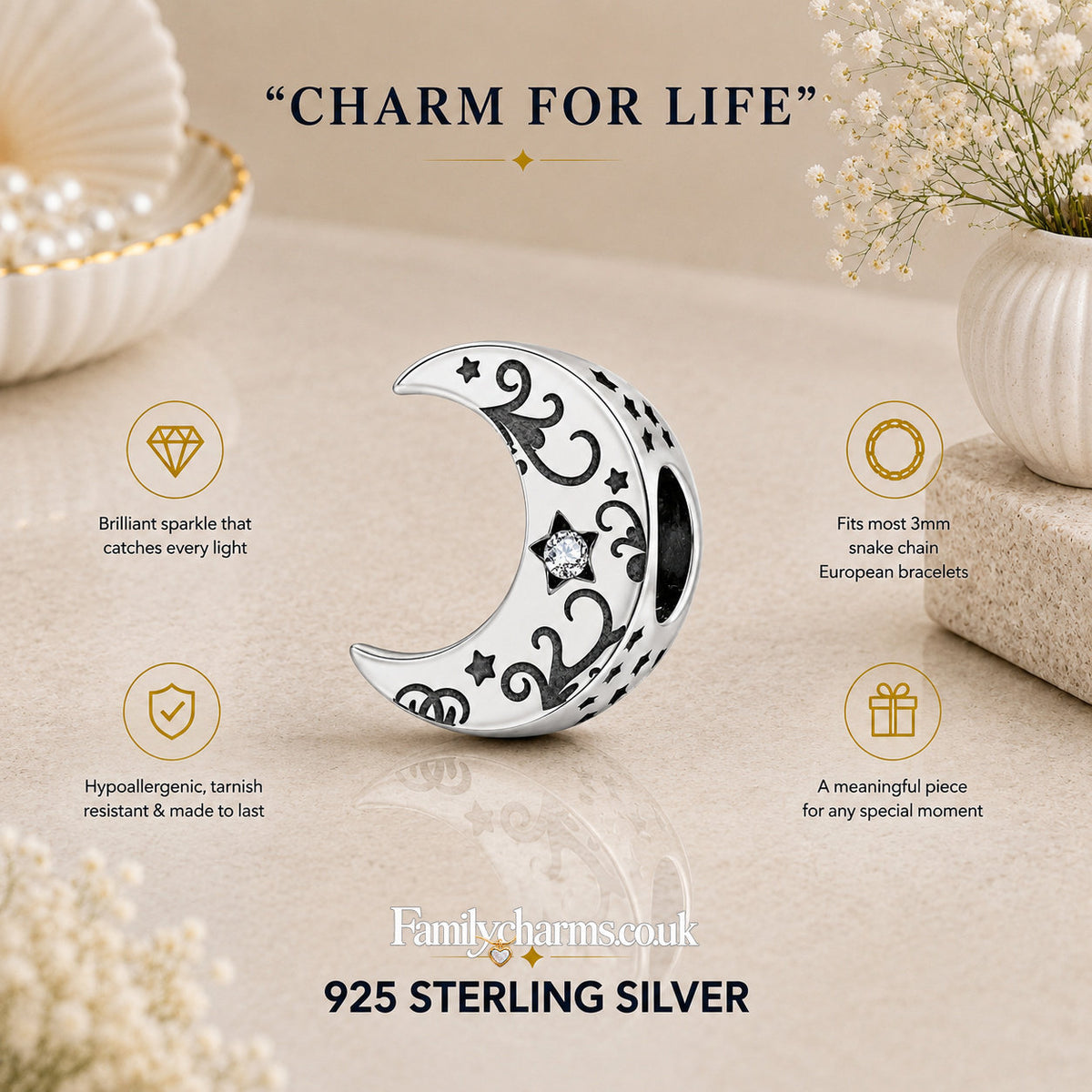 Moon Bead Charm Pendant Charm Hallmarked S925 for Charm Bracelet and Necklace