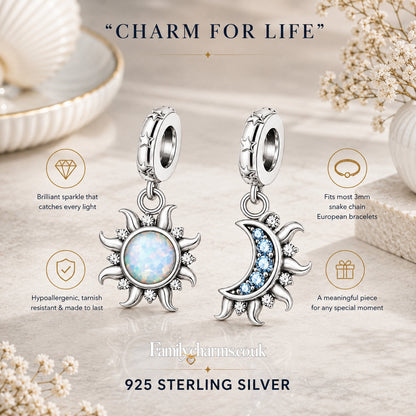 Moon and Sun Pendant Charm Hallmarked S925 for Charm Bracelet and Necklace
