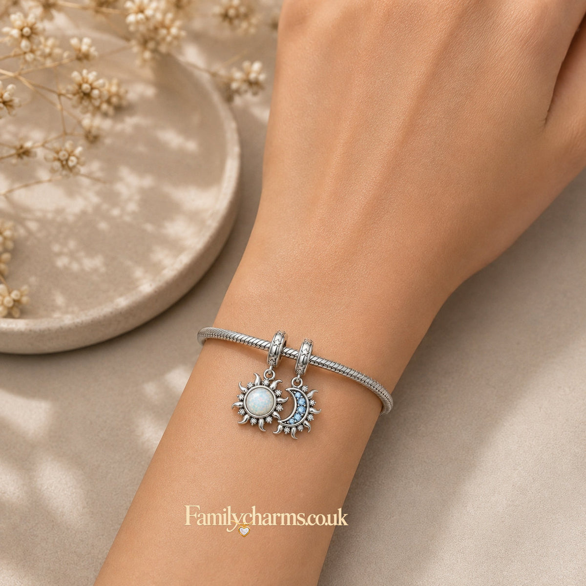 Moon and Sun Pendant Charm Hallmarked S925 for Charm Bracelet and Necklace