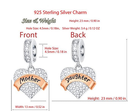 Mother Daughter Heart Dangle Sterling Silver Charm Hallmarked S925 for Charm Bracelet and Necklace