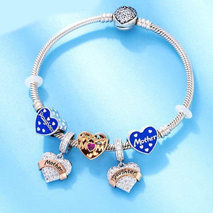 Mother Daughter Heart Dangle Sterling Silver Charm Hallmarked S925 for Charm Bracelet and Necklace
