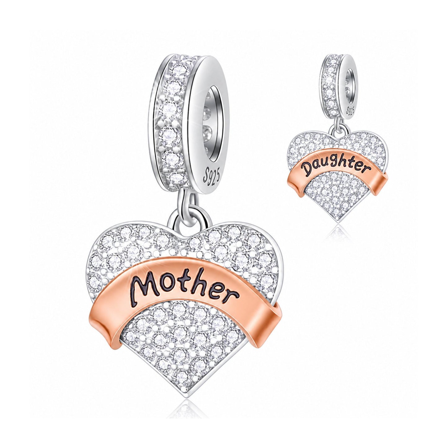 Mother Daughter Heart Dangle Sterling Silver Charm Hallmarked S925 for Charm Bracelet and Necklace