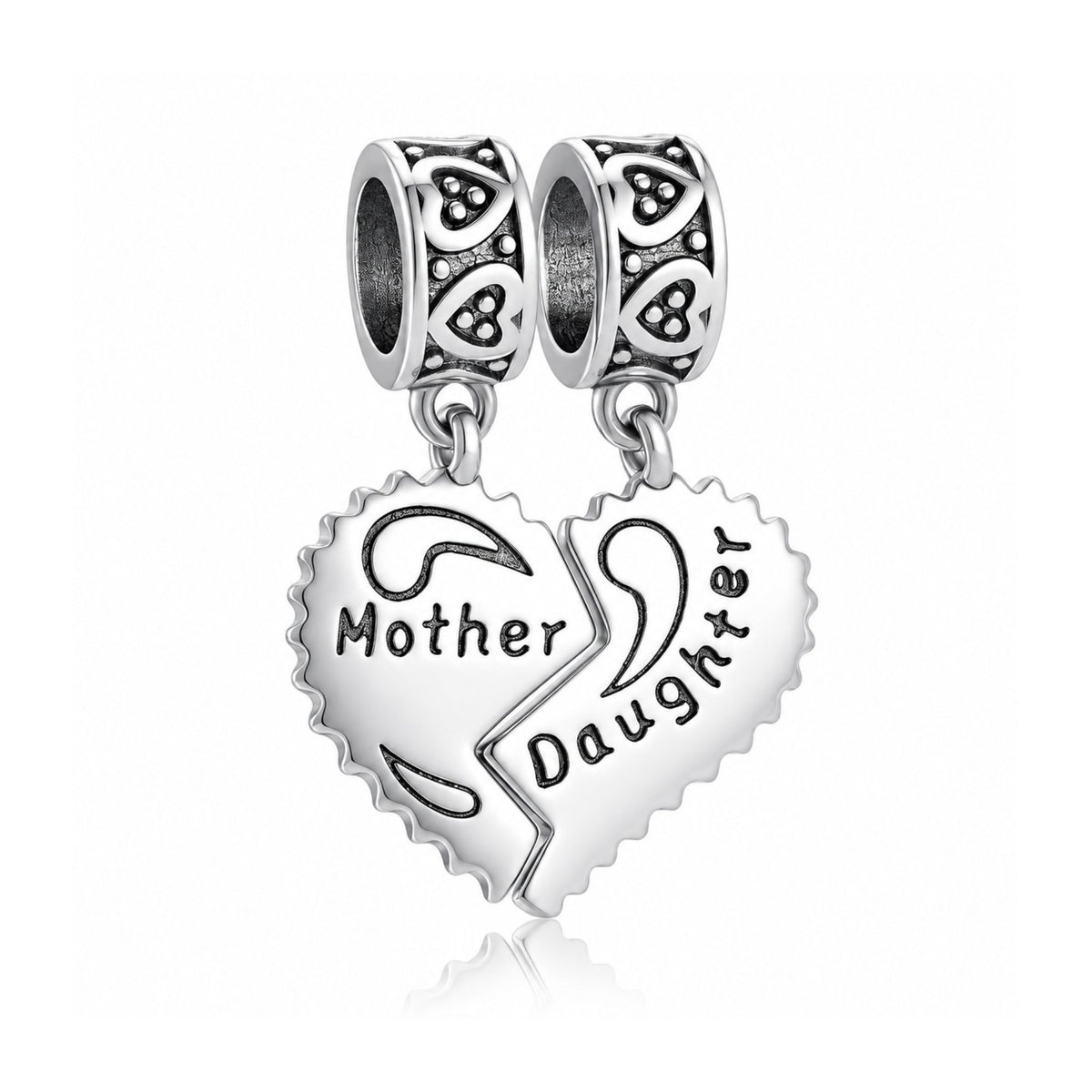 Mother Daughter Heart Dangle Sterling Silver Charm Hallmarked S925 for Charm Bracelet and Necklace