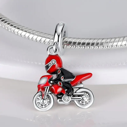 Motorcycle Racing Red Bike Sterling Silver Charm Hallmarked S925 for Charm Bracelet and Necklace