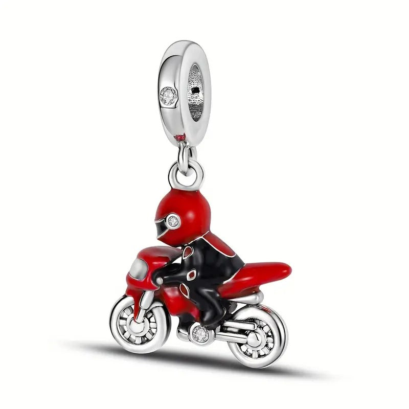 Motorcycle Racing Red Bike Sterling Silver Charm Hallmarked S925 for Charm Bracelet and Necklace
