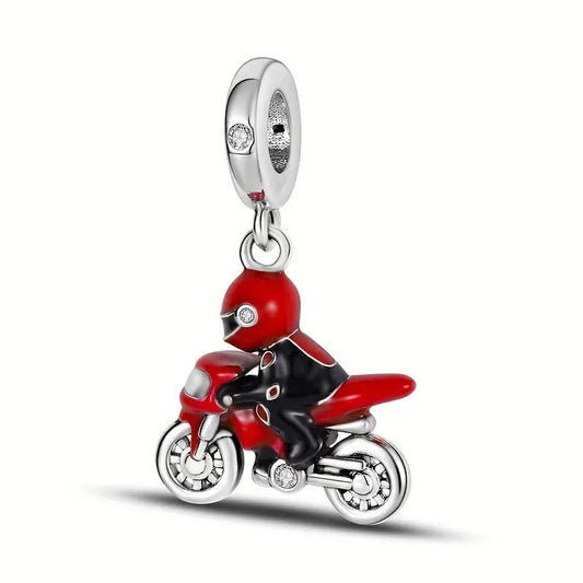 Motorcycle Racing Red Bike Sterling Silver Charm Hallmarked S925 for Charm Bracelet and Necklace