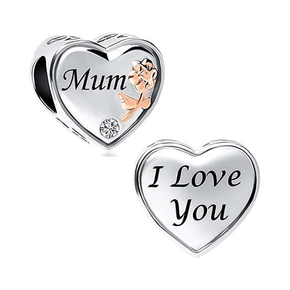Mum I Love You Heart Sterling Silver Charm Hallmarked S925 for Charm Bracelet and Necklace