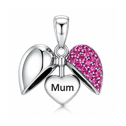 Fuschia Pink Crystals Mum Openable Locket Heart Pendant Sterling Silver Charm Hallmarked S925 for Charm Bracelet and Necklace