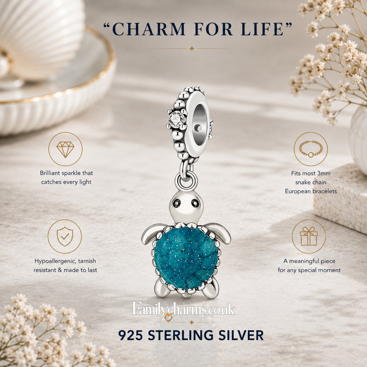 Murano Glass Baby Turtle Sterling Silver Charm Hallmarked S925 for Charm Bracelet and Necklace