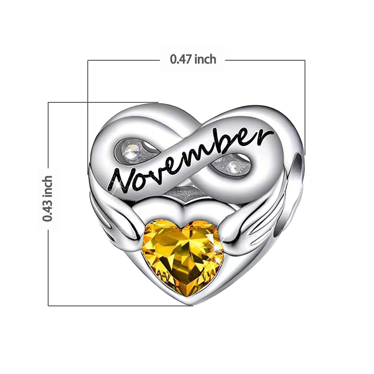 November Birthstone Months Heart Charm for Bracelet, S925 Sterling Silver