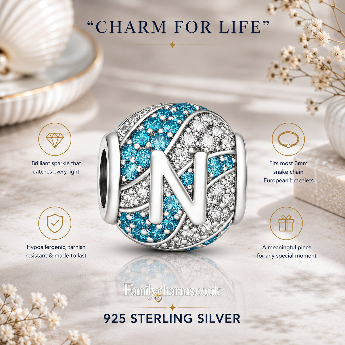 Alphabets Letter N Sterling Silver Charm Hallmarked S925 for Charm Bracelet and Necklace