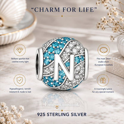 Alphabets Letter N Sterling Silver Charm Hallmarked S925 for Charm Bracelet and Necklace