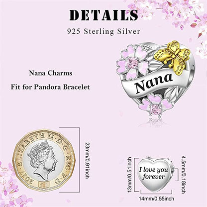 Nana Flower & Butterfly Heart Sterling Silver Charm Hallmarked S925 for Charm Bracelet and Necklace